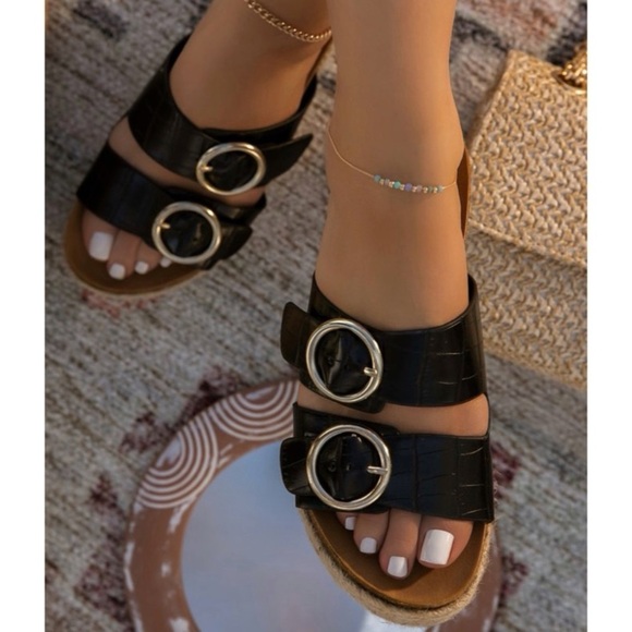 Adjustable Black Croc Double Buckle Espadrille - Picture 1 of 9